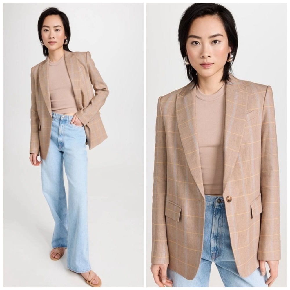 A.L.C. Donovan Plaid Linen Oversized Blazer Jacket Tawny Tan Size 8 Casual